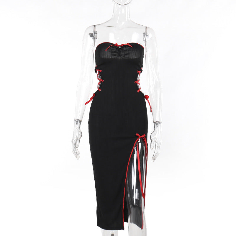 Black Gothic Slim Fit Hollow Airy Maxi Dress CF23644
