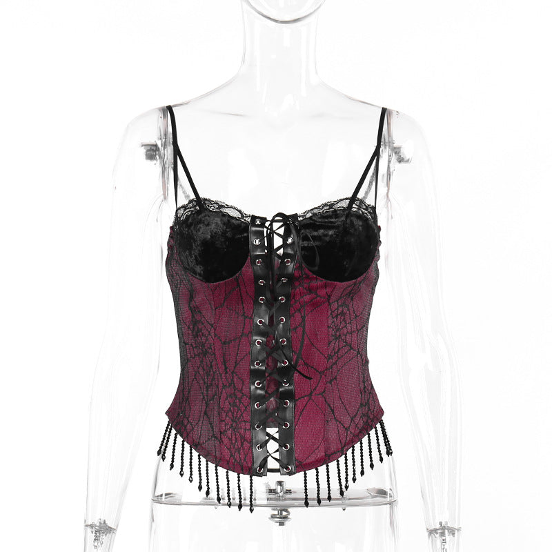 Gothic Red Spider Web Corset Strap Top CF23682T