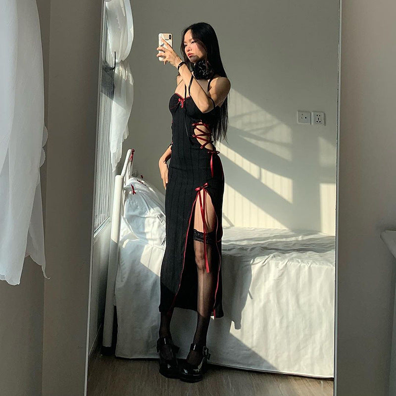 Black Gothic Slim Fit Hollow Airy Maxi Dress CF23644