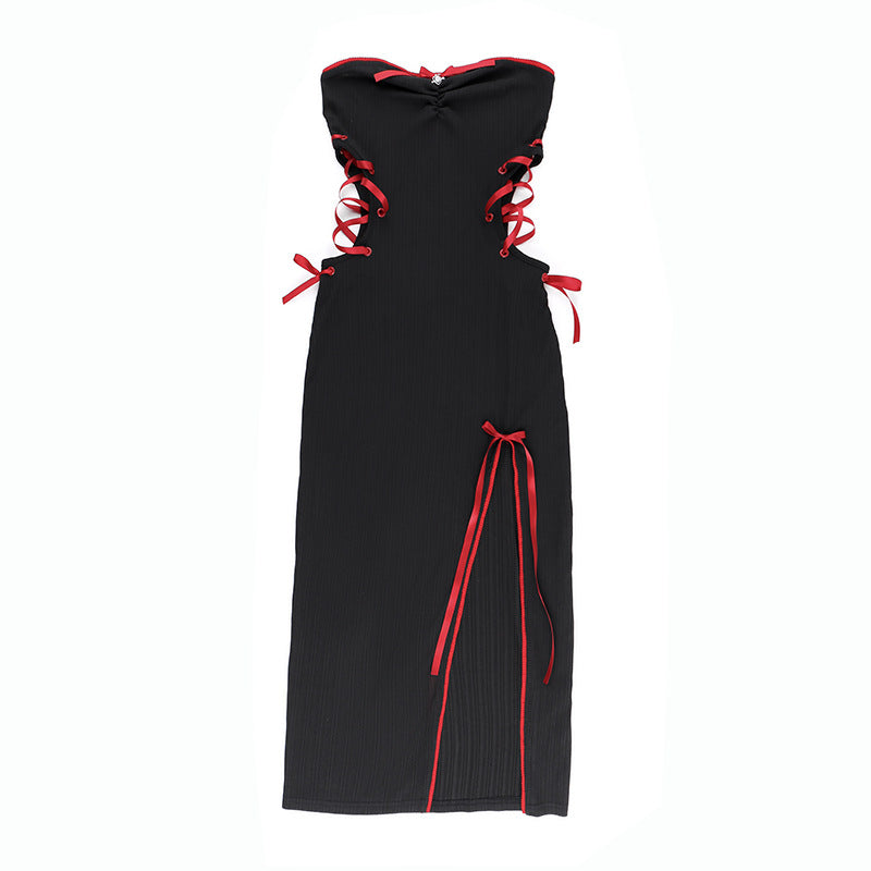 Black Gothic Slim Fit Hollow Airy Maxi Dress CF23644
