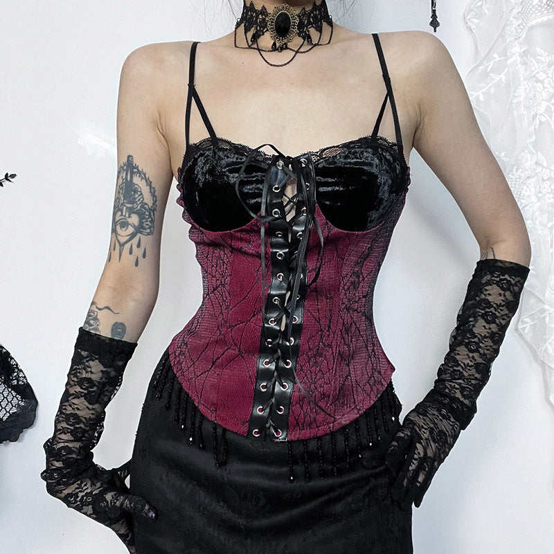 Gothic Red Spider Web Corset Strap Top CF23682T