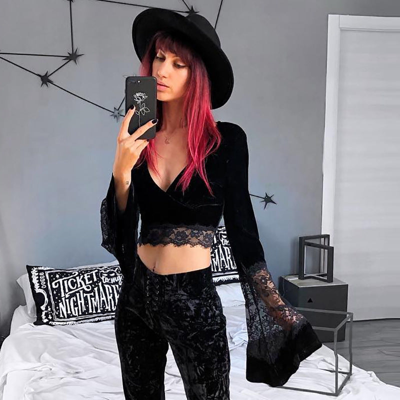 Gothic Style Bell Sleeve Lace Crop Top 92313