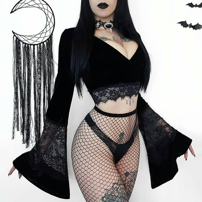 Gothic Style Bell Sleeve Lace Crop Top 92313