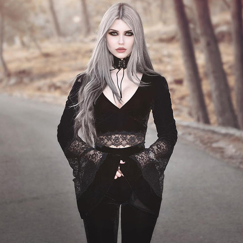 Gothic Style Bell Sleeve Lace Crop Top 92313