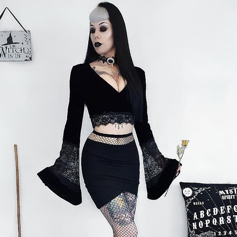 Gothic Style Bell Sleeve Lace Crop Top 92313