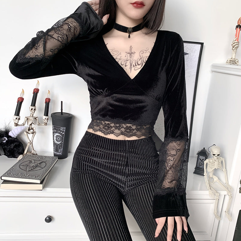 Gothic Style Bell Sleeve Lace Crop Top 92313