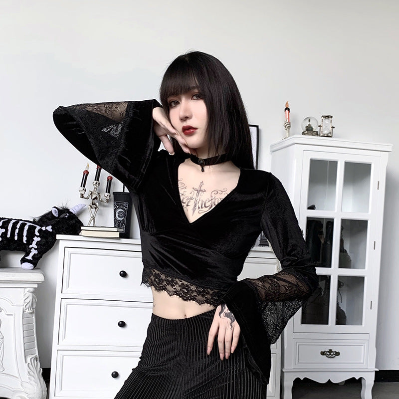 Gothic Style Bell Sleeve Lace Crop Top 92313