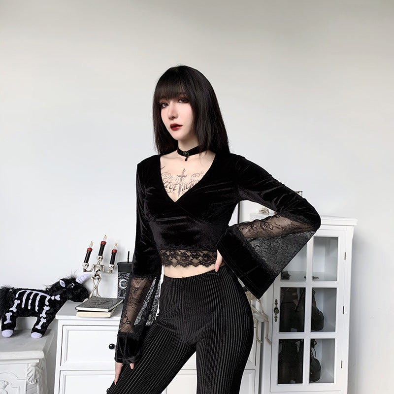 Gothic Style Bell Sleeve Lace Crop Top 92313