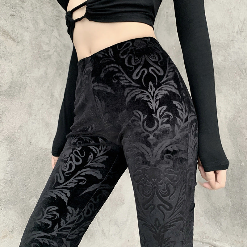 Gothic black velvet embossed flared pants 22404