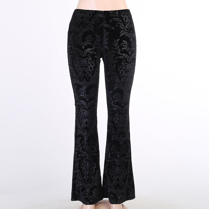 Gothic black velvet embossed flared pants 22404