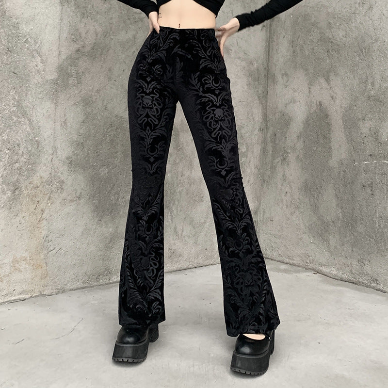 Gothic black velvet embossed flared pants 22404