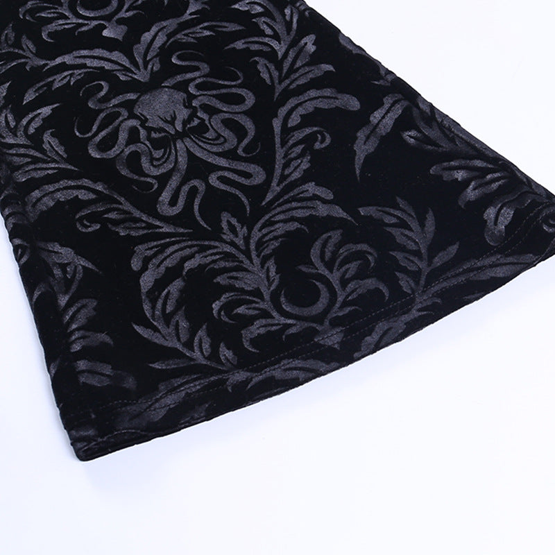 Gothic black velvet embossed flared pants 22404