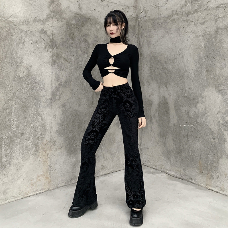 Gothic black velvet embossed flared pants 22404