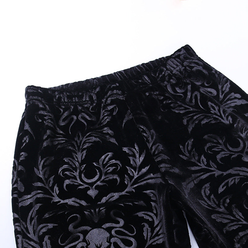 Gothic black velvet embossed flared pants 22404