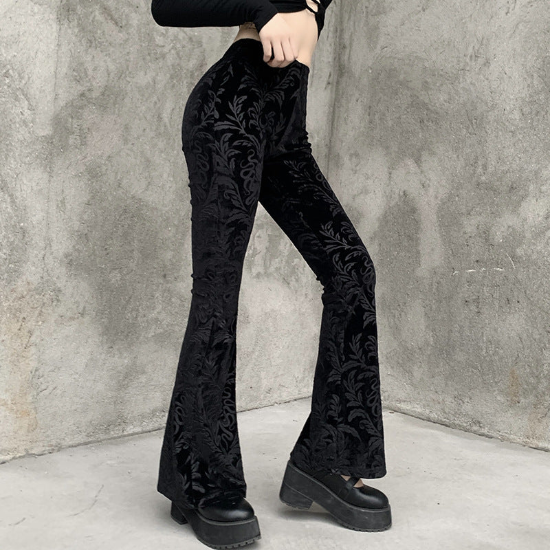 Gothic black velvet embossed flared pants 22404