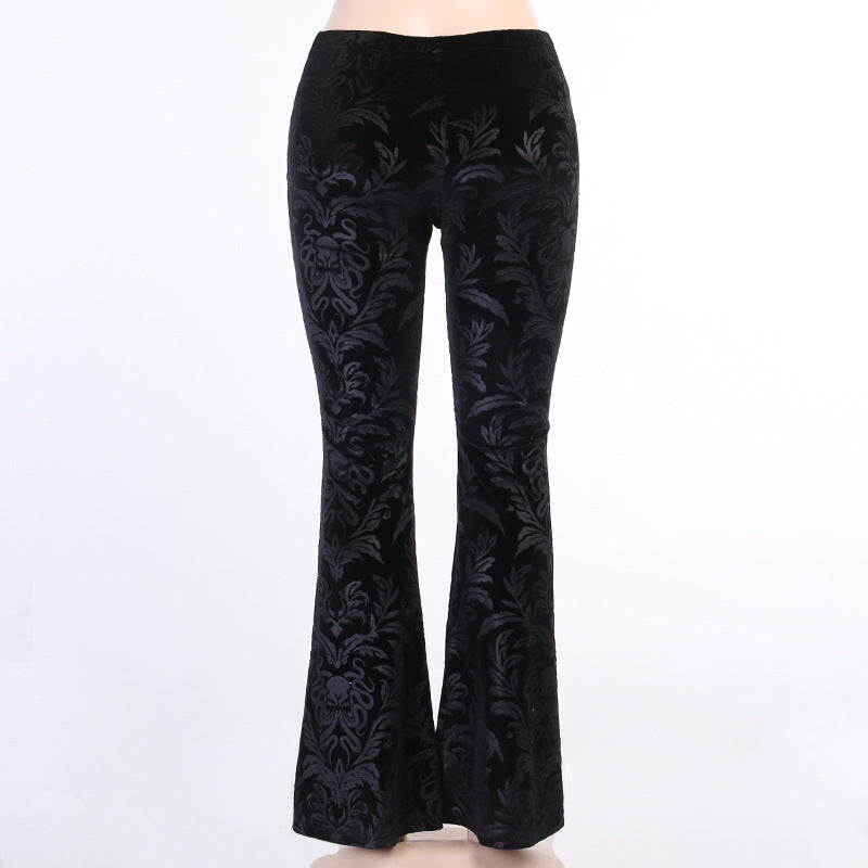 Gothic black velvet embossed flared pants 22404