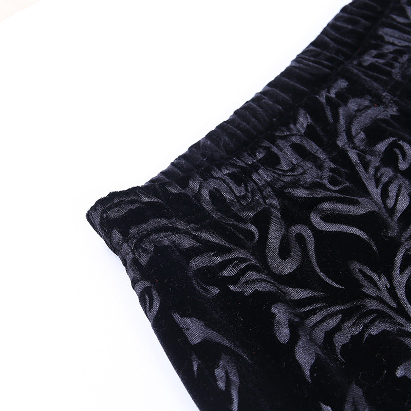 Gothic black velvet embossed flared pants 22404