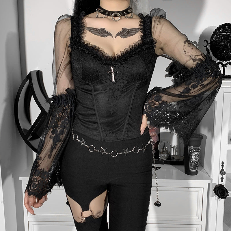 Black Lace Sleeve Gothic Long Sleeve Top HY21507