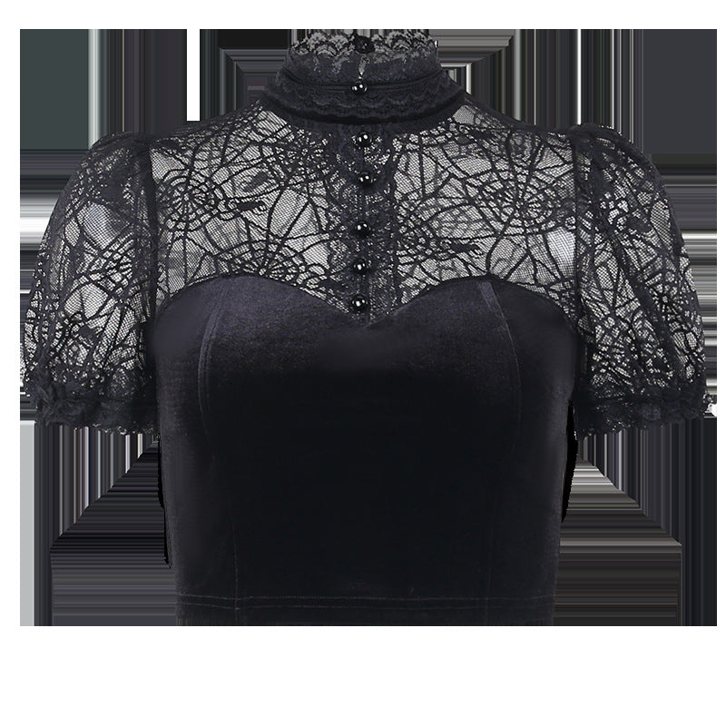 Gothic Spider Web Short Sleeve Crop Top CF23024