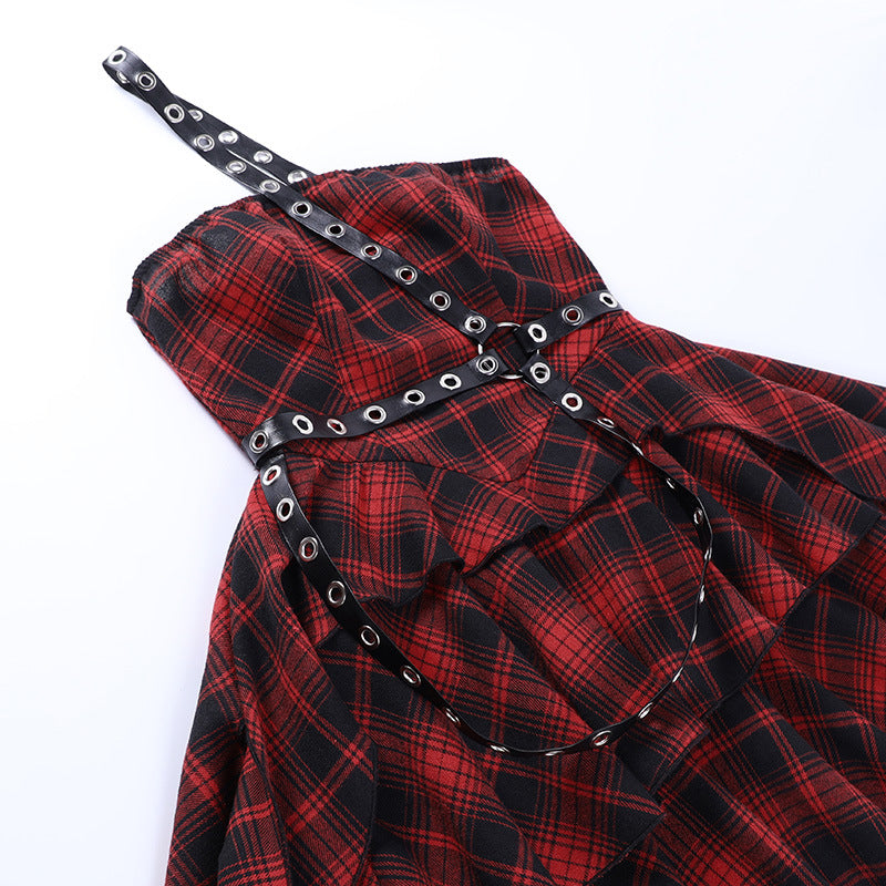 Punk Style Red Plaid Strapless Dress CC22242
