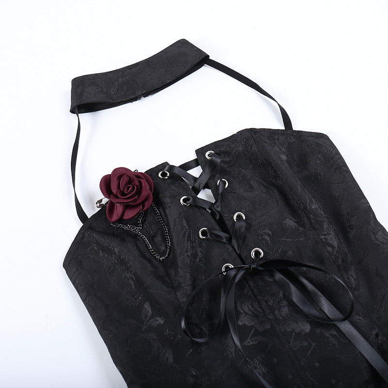 Gothic Black Rose Corset Halter Top CF22252