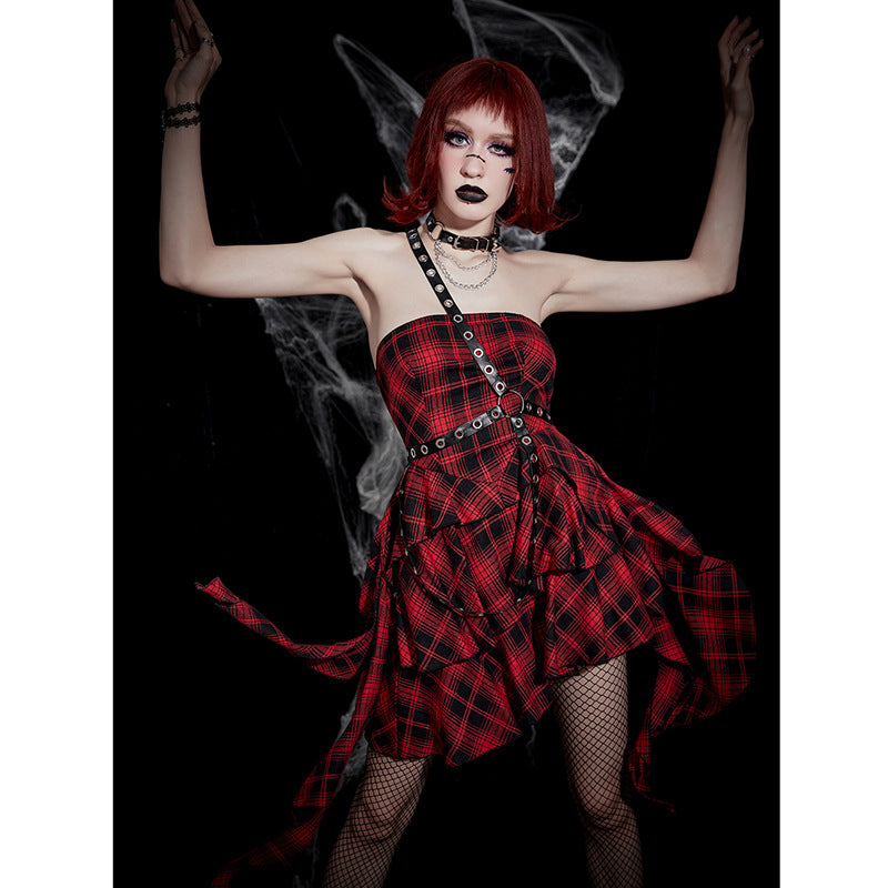 Punk Style Red Plaid Strapless Dress CC22242
