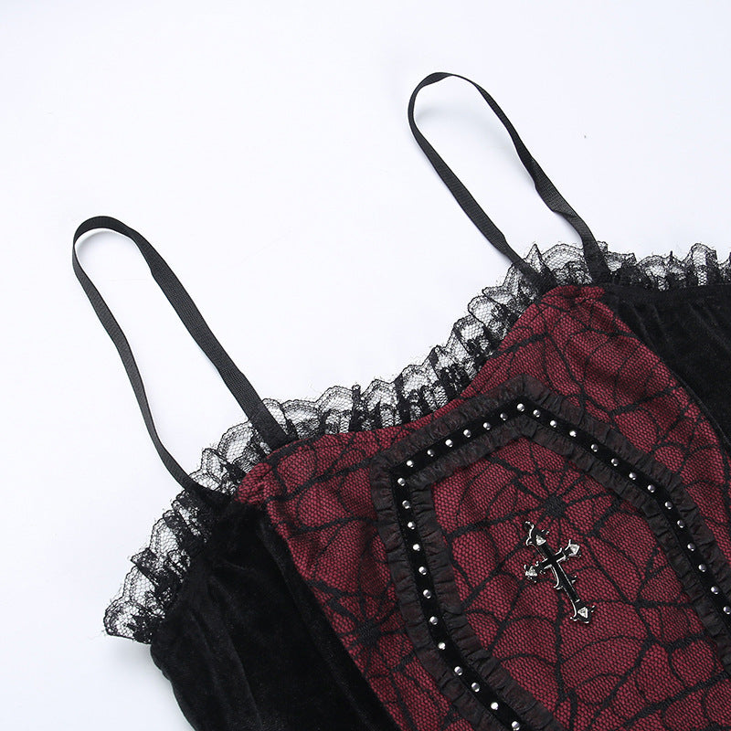 Gothic Style Black & Red Spider Web Cross Strap Top CF22183