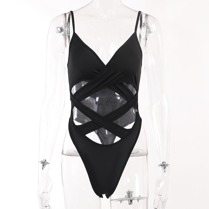 Gothic Black Cross Straps Bodysuit WY22041