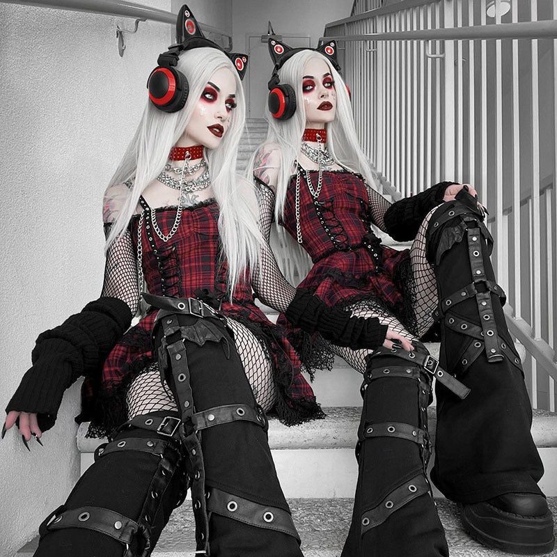Red Tartan Punk Style Strappy Dress CC22121