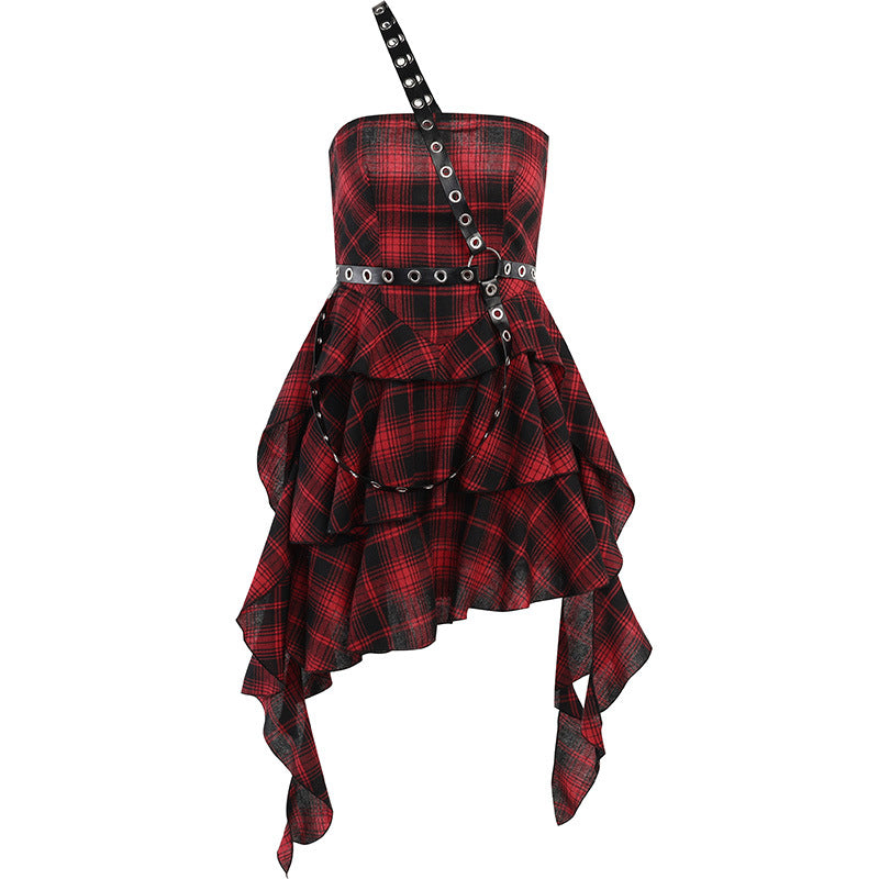 Punk Style Red Plaid Strapless Dress CC22242