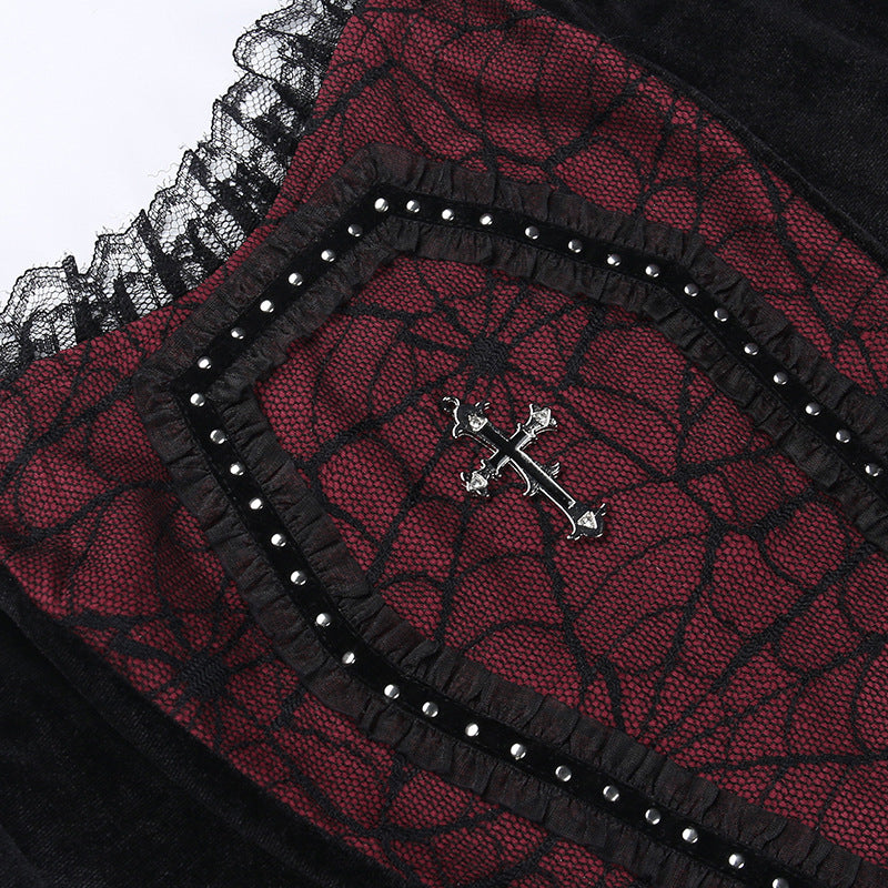 Gothic Style Black & Red Spider Web Cross Strap Top CF22183