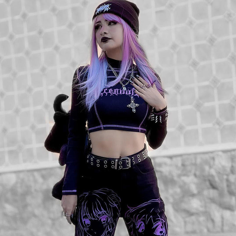 Punk Style Black Long Sleeve Fake Two Piece Crop Top YL22073