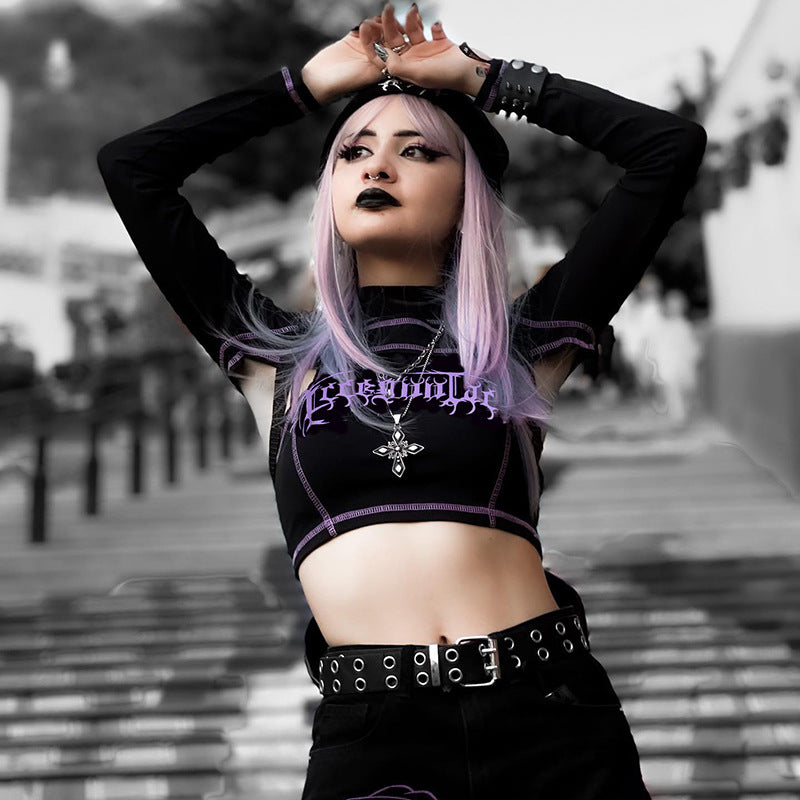 Punk Style Black Long Sleeve Fake Two Piece Crop Top YL22073