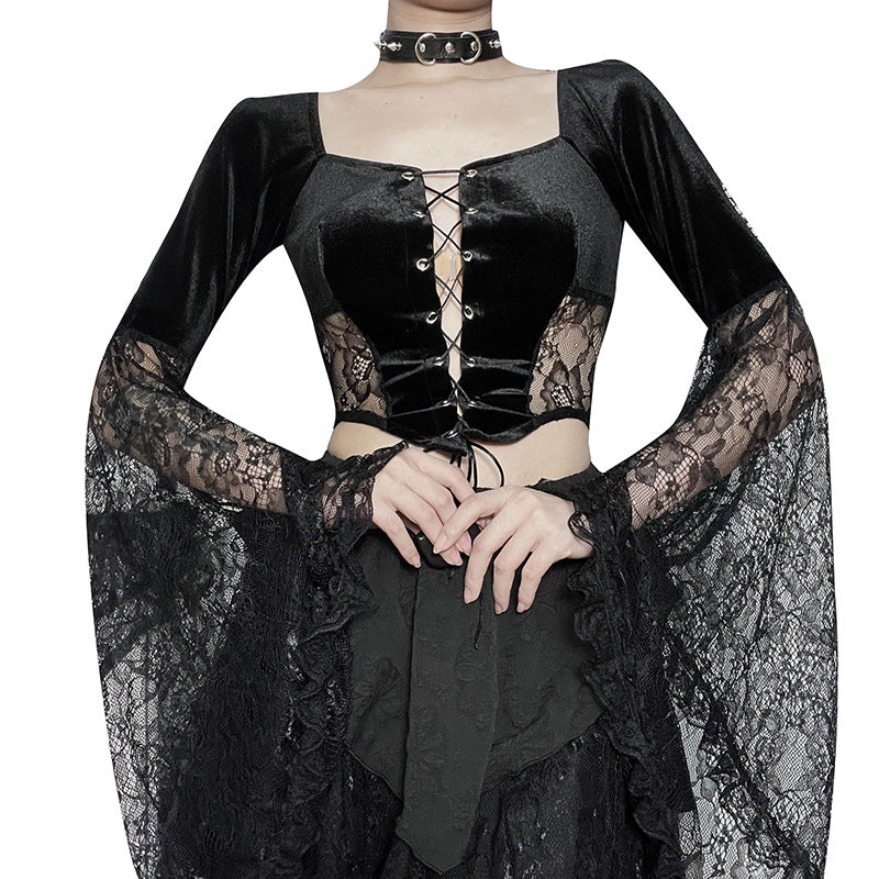 Black Gothic Lace Long Sleeve Corset Crop Top JY22491