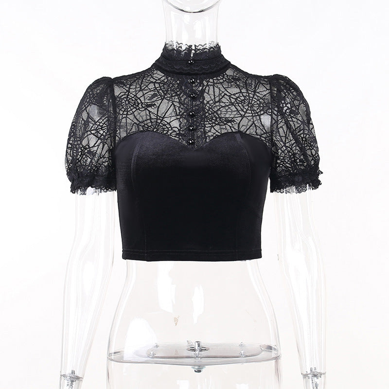 Gothic Spider Web Short Sleeve Crop Top CF23024