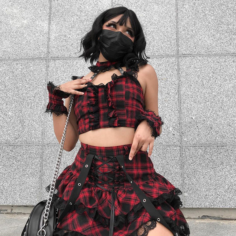 Punk Style Plaid Top & Skirt Set JY21550