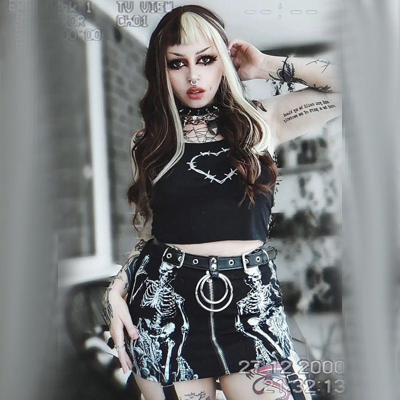 Black Skull Print Gothic Skirt CF23016