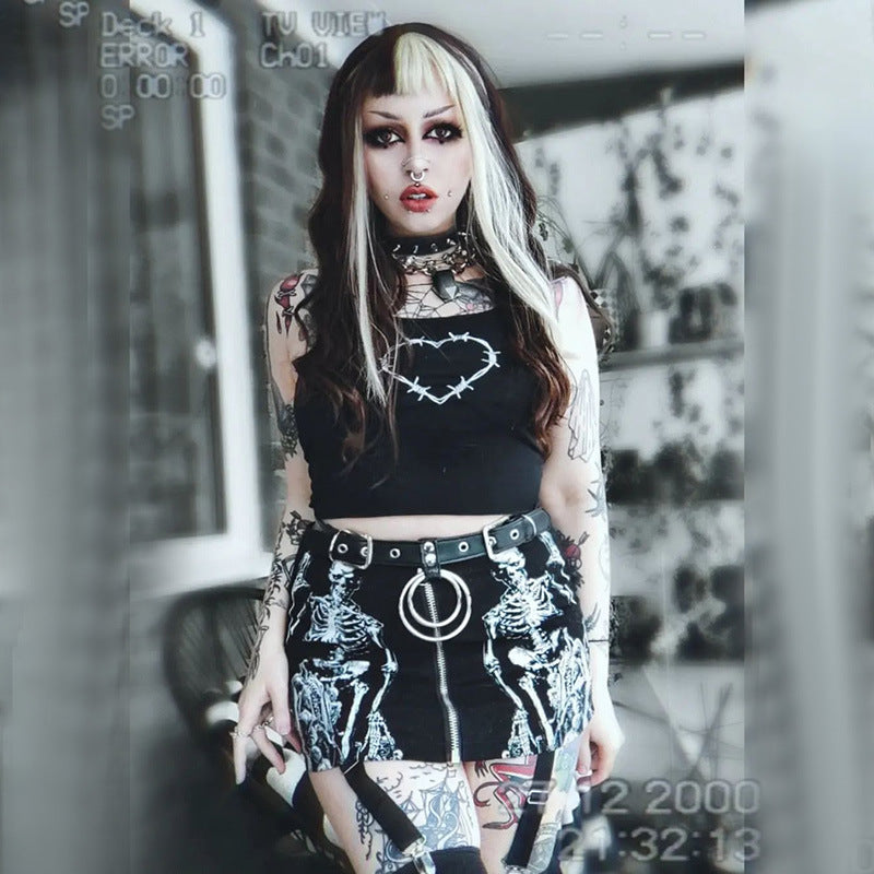 Black Skull Print Gothic Skirt CF23016