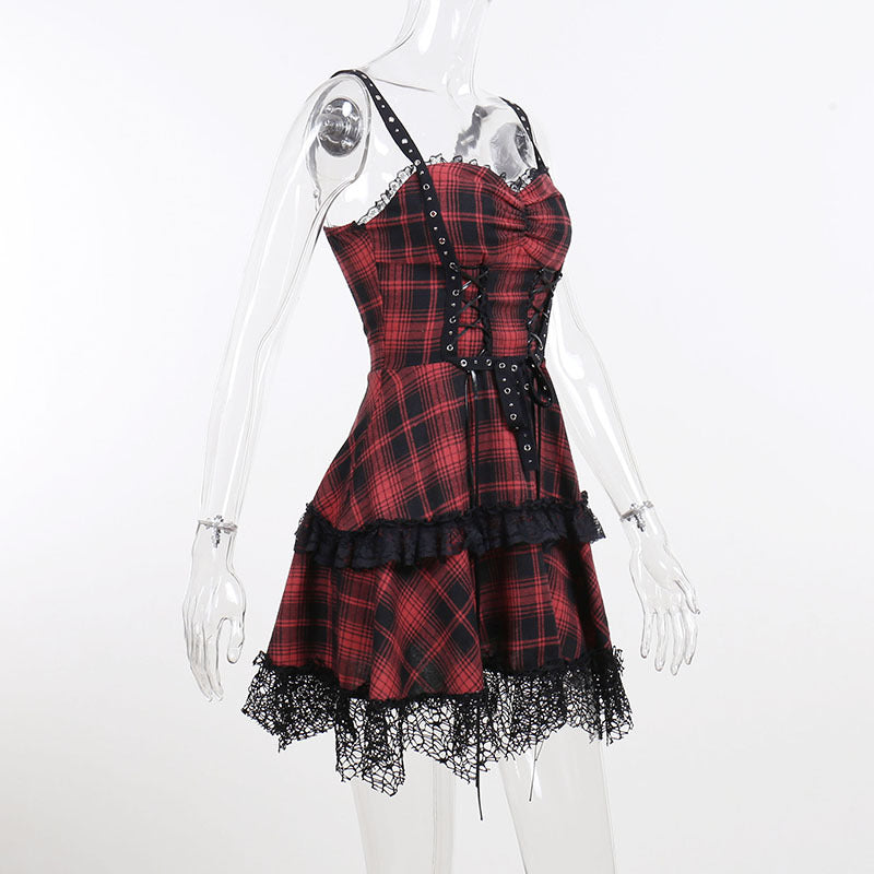 Red Tartan Punk Style Strappy Dress CC22121