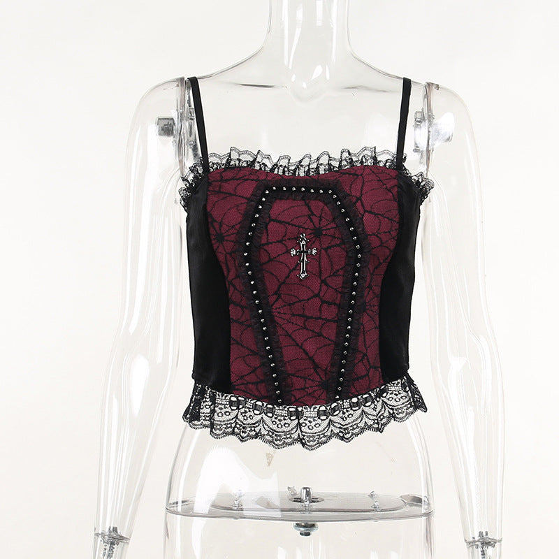 Gothic Style Black & Red Spider Web Cross Strap Top CF22183