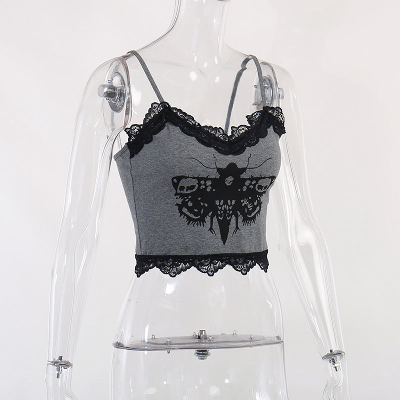 Black Gothic Moth Print Strap Top LL22011