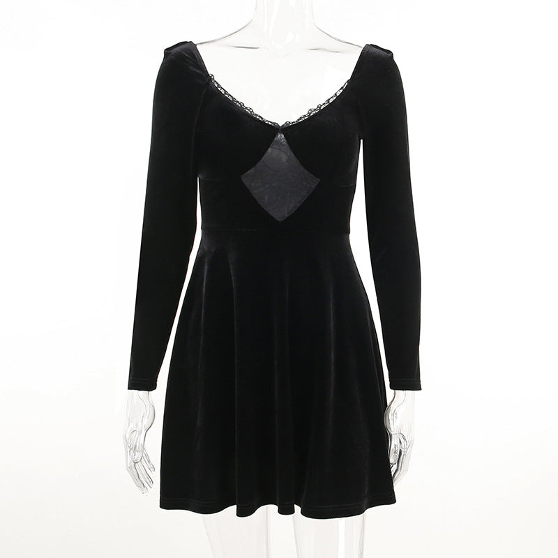Gothic Style Velvet Spider Web Long Sleeve Dress JY22298