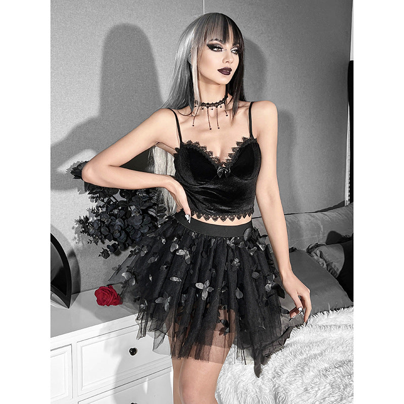 Gothic Style Black Velvet Strap Top SY21551