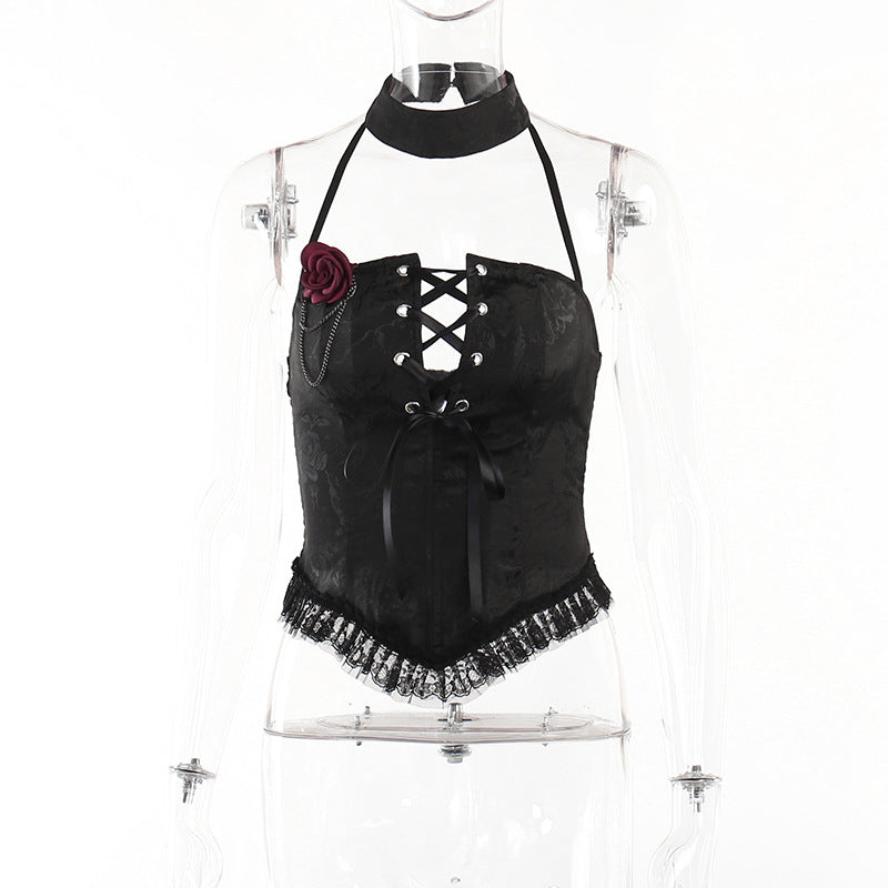 Gothic Black Rose Corset Halter Top CF22252