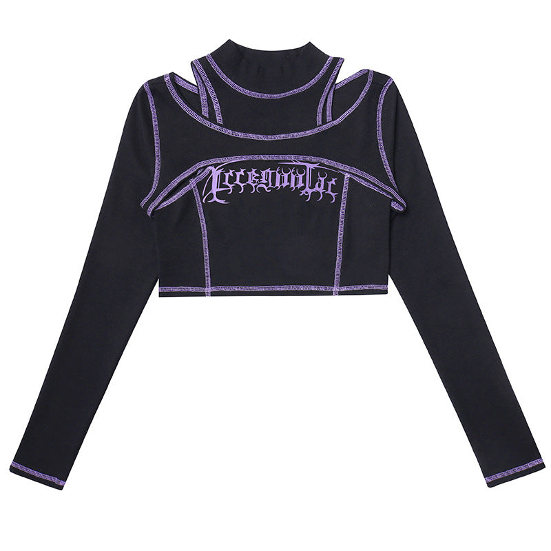 Punk Style Black Long Sleeve Fake Two Piece Crop Top YL22073
