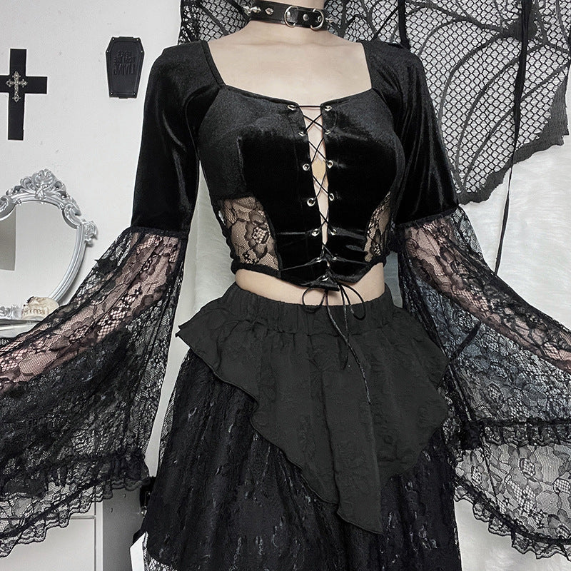 Black Gothic Lace Long Sleeve Corset Crop Top JY22491