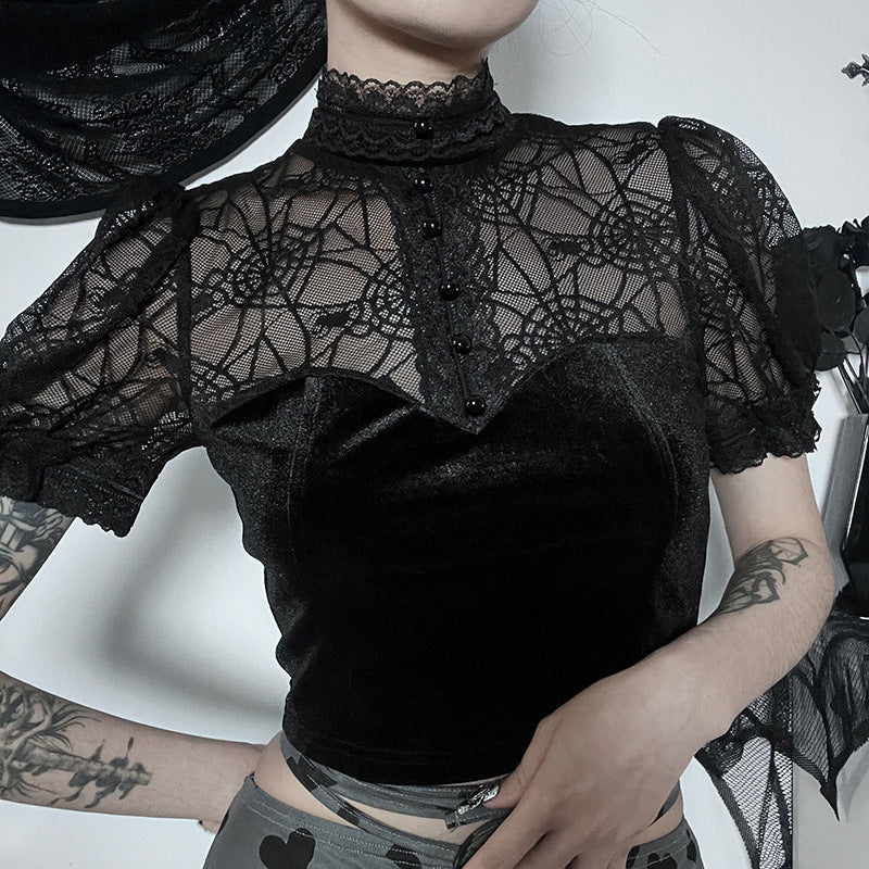 Gothic Spider Web Short Sleeve Crop Top CF23024