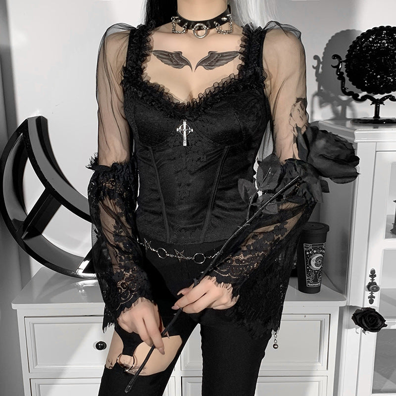 Black Lace Sleeve Gothic Long Sleeve Top HY21507