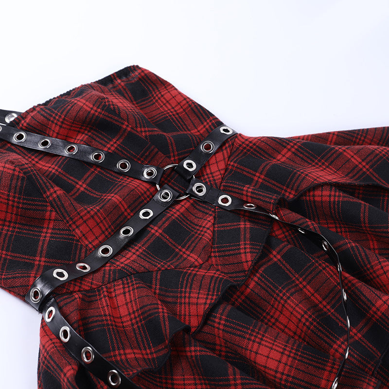 Punk Style Red Plaid Strapless Dress CC22242