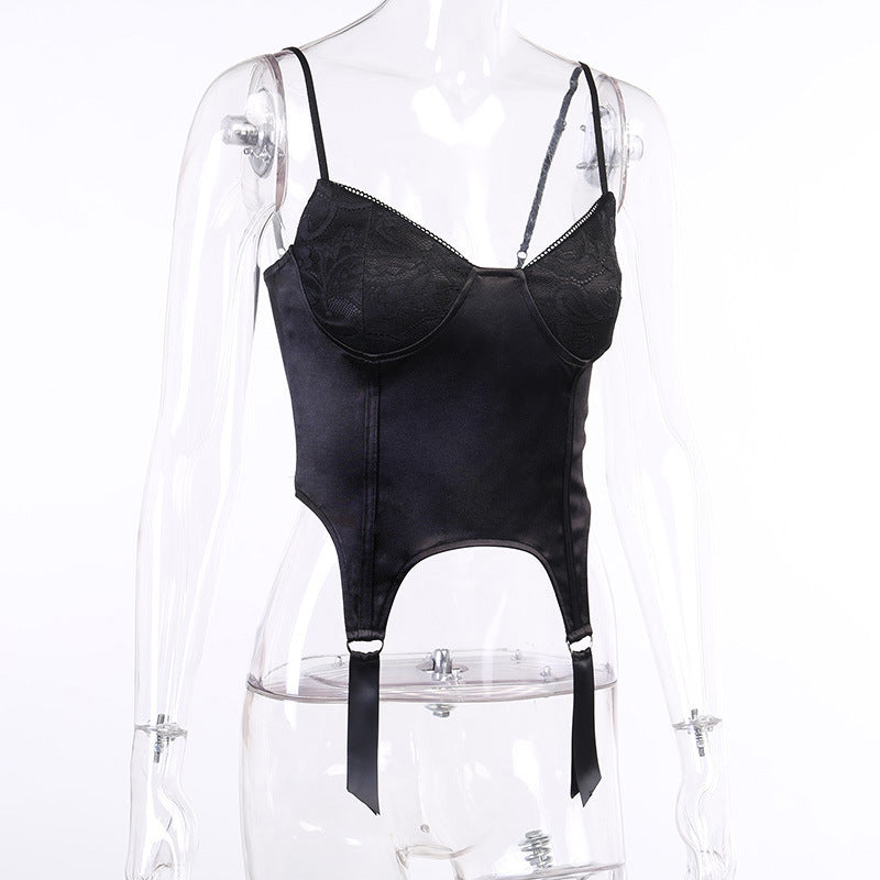 Gothic Black Sexy Satin Lace Camisole with Low-cut Back 26401P